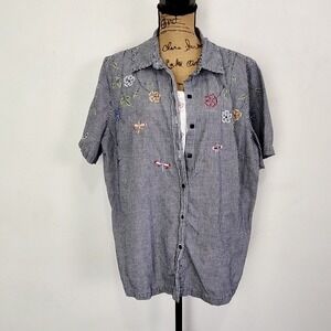 Vintage White Stag Womens 18 20 W Top Blue Plaid Embroidered Button Up Short Slv